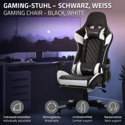 Gamingstuhl mit ausziehbarer Fußstütze 2D Armlehne Schwarz/Weiß aus Kunstleder ML-Design