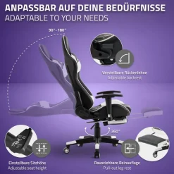 Gamingstuhl mit ausziehbarer Fußstütze 2D Armlehne Schwarz/Weiß aus Kunstleder ML-Design