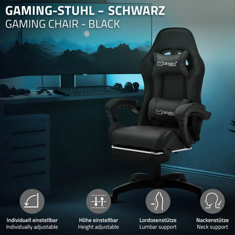 Gaming Stuhl mit Fußstütze und Armlehne Schwarz, aus Kunstleder ML-Design