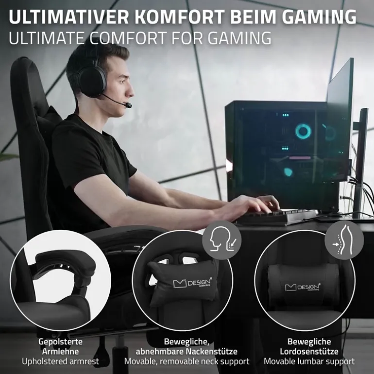 Gaming Stuhl mit Fußstütze und Armlehne Schwarz, aus Kunstleder ML-Design