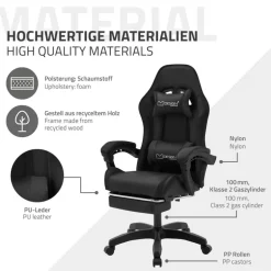 Gaming Stuhl mit Fußstütze und Armlehne Schwarz, aus Kunstleder ML-Design