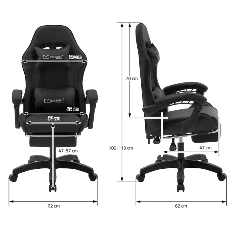 Gaming Stuhl mit Fußstütze und Armlehne Schwarz, aus Kunstleder ML-Design