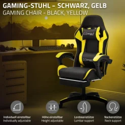 Gaming Stuhl mit Fußstütze und Armlehne Schwarz-Gelb, aus Kunstleder ML-Design