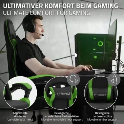 Gaming Stuhl mit Fußstütze und Armlehne Schwarz-Grün, aus Kunstleder ML-Design