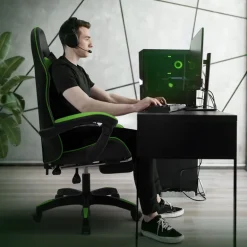 Gaming Stuhl mit Fußstütze und Armlehne Schwarz-Grün, aus Kunstleder ML-Design