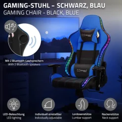 Gamingstuhl mit RGB Beleuchtung & Bluetoothboxen Schwarz/Blau aus Kunstleder ML-Design