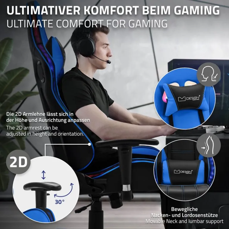 Gamingstuhl mit RGB Beleuchtung & Bluetoothboxen Schwarz/Blau aus Kunstleder ML-Design