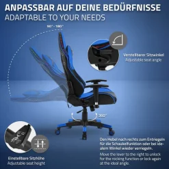 Gamingstuhl mit RGB Beleuchtung & Bluetoothboxen Schwarz/Blau aus Kunstleder ML-Design
