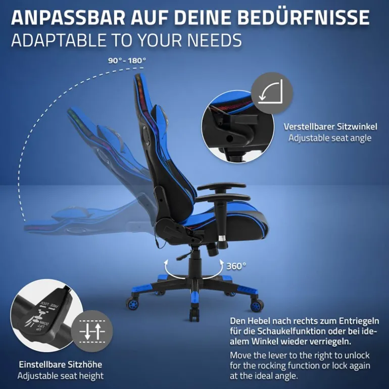 Gamingstuhl mit RGB Beleuchtung & Bluetoothboxen Schwarz/Blau aus Kunstleder ML-Design