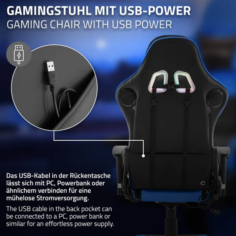 Gamingstuhl mit RGB Beleuchtung & Bluetoothboxen Schwarz/Blau aus Kunstleder ML-Design