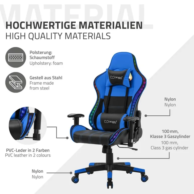 Gamingstuhl mit RGB Beleuchtung & Bluetoothboxen Schwarz/Blau aus Kunstleder ML-Design