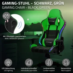 Gamingstuhl mit RGB Beleuchtung & Bluetoothboxen Schwarz/Grün aus Kunstleder ML-Design
