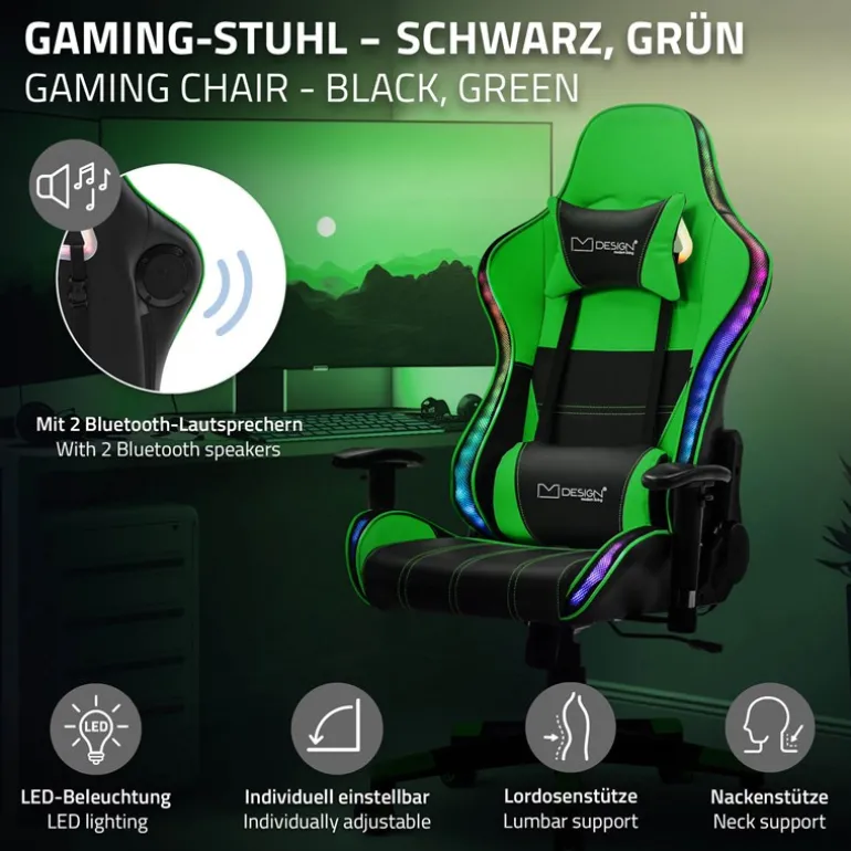 Gamingstuhl mit RGB Beleuchtung & Bluetoothboxen Schwarz/Grün aus Kunstleder ML-Design
