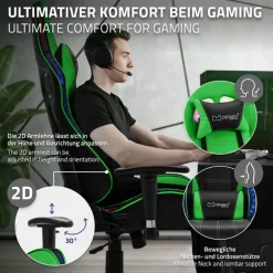 Gamingstuhl mit RGB Beleuchtung & Bluetoothboxen Schwarz/Grün aus Kunstleder ML-Design