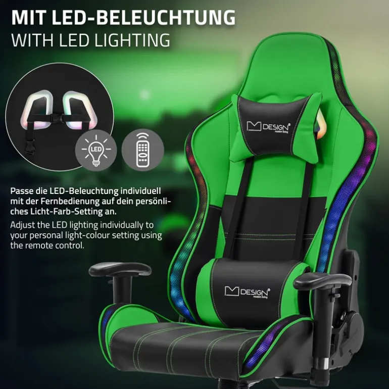 Gamingstuhl mit RGB Beleuchtung & Bluetoothboxen Schwarz/Grün aus Kunstleder ML-Design