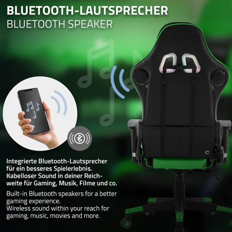 Gamingstuhl mit RGB Beleuchtung & Bluetoothboxen Schwarz/Grün aus Kunstleder ML-Design