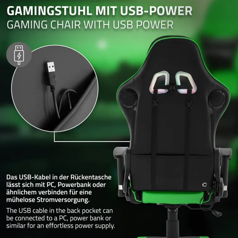 Gamingstuhl mit RGB Beleuchtung & Bluetoothboxen Schwarz/Grün aus Kunstleder ML-Design