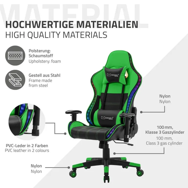 Gamingstuhl mit RGB Beleuchtung & Bluetoothboxen Schwarz/Grün aus Kunstleder ML-Design