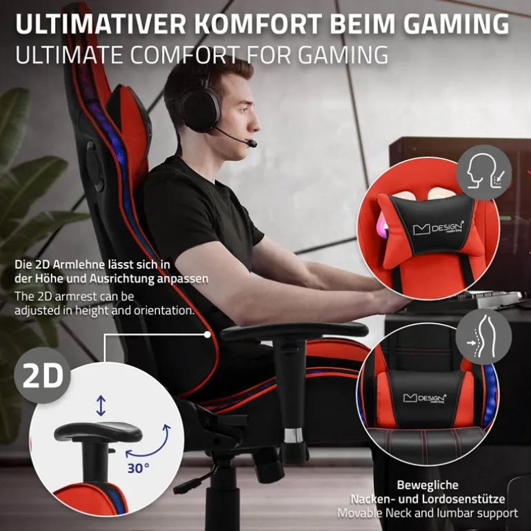 Gamingstuhl mit RGB Beleuchtung & Bluetoothboxen Schwarz/Rot aus Kunstleder ML-Design