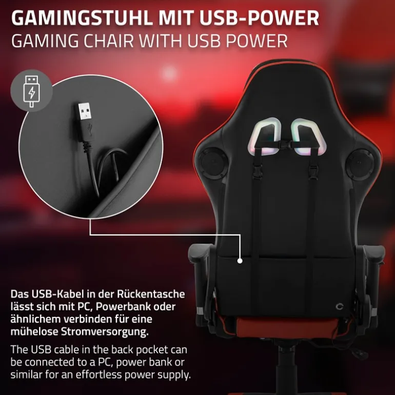 Gamingstuhl mit RGB Beleuchtung & Bluetoothboxen Schwarz/Rot aus Kunstleder ML-Design