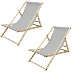 Gartenliege Holz 2er Set Beachstuhl klappbarer Strandstuhl Strandliege Campingliege Sonnenliege Hellgrau Klappliegestuhl Relaxliege
