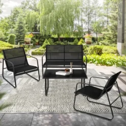 Gartenmöbel Set Loungegarnitur 4-Teilig Schwarz aus Stahl und Textil ML-Design