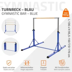 Gymnastik Turnreck faltbar, Blau, Gymnastikstange für Kinder, Reckstange höhenverstellbar 95,5-150 cm Hauki