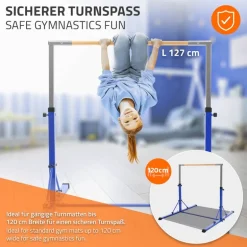 Gymnastik Turnreck faltbar, Blau, Gymnastikstange für Kinder, Reckstange höhenverstellbar 95,5-150 cm Hauki
