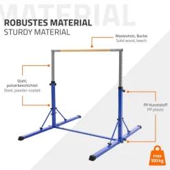 Gymnastik Turnreck faltbar, Blau, Gymnastikstange für Kinder, Reckstange höhenverstellbar 95,5-150 cm Hauki