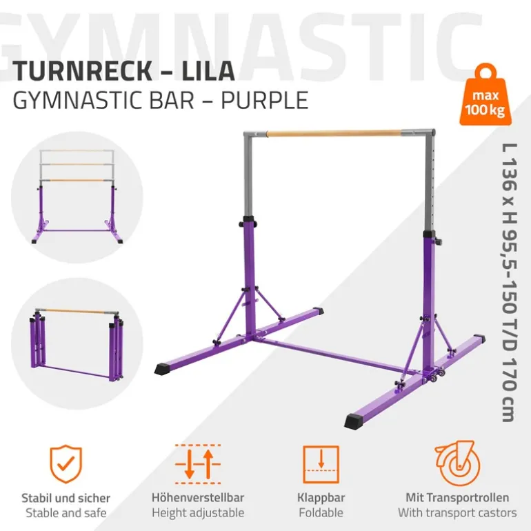 Gymnastik Turnreck faltbar, Lila, Gymnastikstange für Kinder, Reckstange höhenverstellbar 95,5-150 cm Hauki