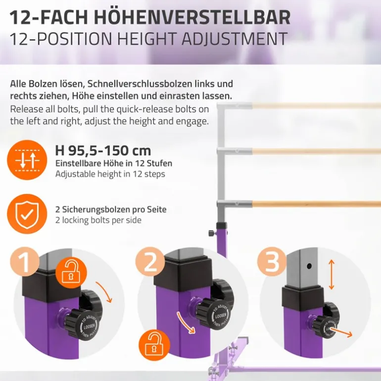 Gymnastik Turnreck faltbar, Lila, Gymnastikstange für Kinder, Reckstange höhenverstellbar 95,5-150 cm Hauki