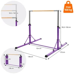 Gymnastik Turnreck faltbar, Lila, Gymnastikstange für Kinder, Reckstange höhenverstellbar 95,5-150 cm Hauki