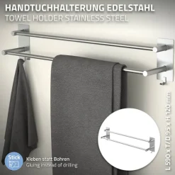 Handtuchhalter ohne Bohren 60 cm Silber aus Edelstahl mit 2 Klebepads ML-Design
