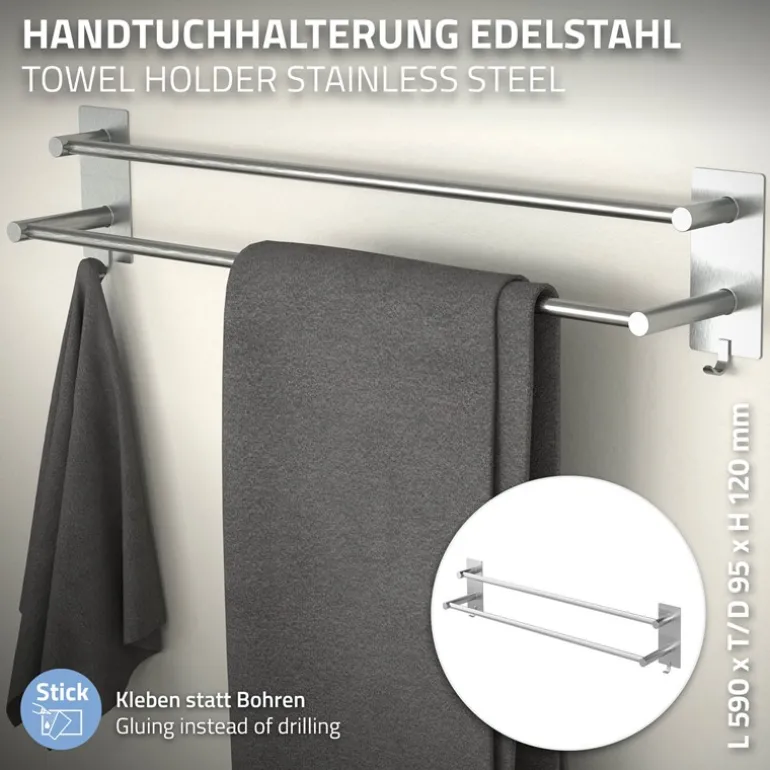 Handtuchhalter ohne Bohren 60 cm Silber aus Edelstahl mit 2 Klebepads ML-Design