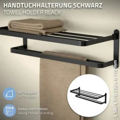 Handtuchhalter ohne Bohren klappbar mit Klebepads 58 cm Schwarz aus Aluminium ML-Design