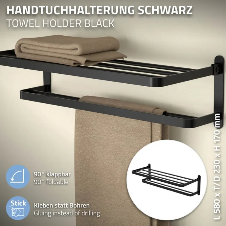 Handtuchhalter ohne Bohren klappbar mit Klebepads 58 cm Schwarz aus Aluminium ML-Design