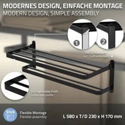 Handtuchhalter ohne Bohren klappbar mit Klebepads 58 cm Schwarz aus Aluminium ML-Design