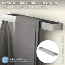 Handtuchhalter zum Kleben ohne Bohren mit Haken 42 cm Silber aus Edelstahl ML-Design