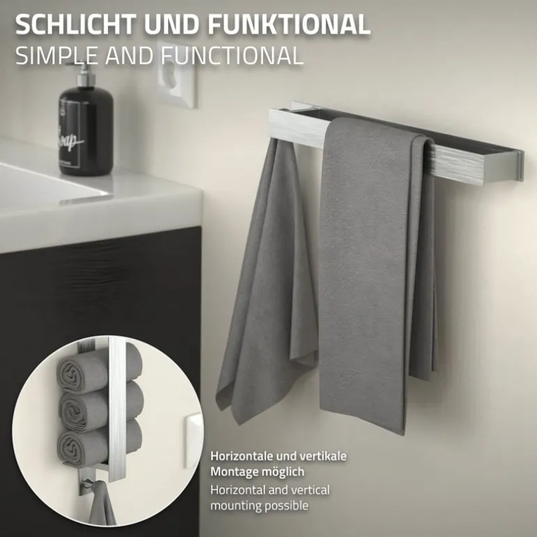 Handtuchhalter zum Kleben ohne Bohren mit Haken 42 cm Silber aus Edelstahl ML-Design