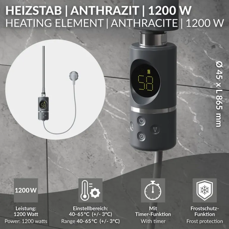 Heizstab 1200W Anthrazit mit Thermostat und LCD Bildschirm LuxeBath
