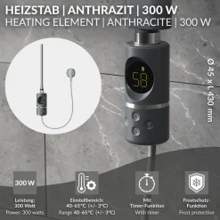 Heizstab 300W Anthrazit mit Thermostat und LCD Bildschirm LuxeBath