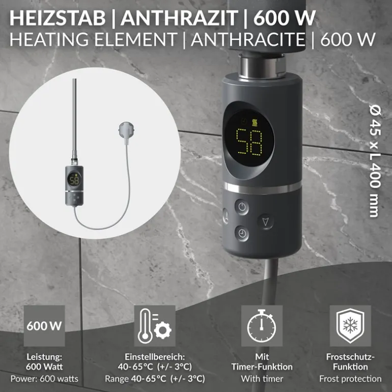 Heizstab 600W Anthrazit mit Thermostat und LCD Bildschirm LuxeBath