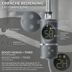 Heizstab 600W Anthrazit mit Thermostat und LCD Bildschirm LuxeBath