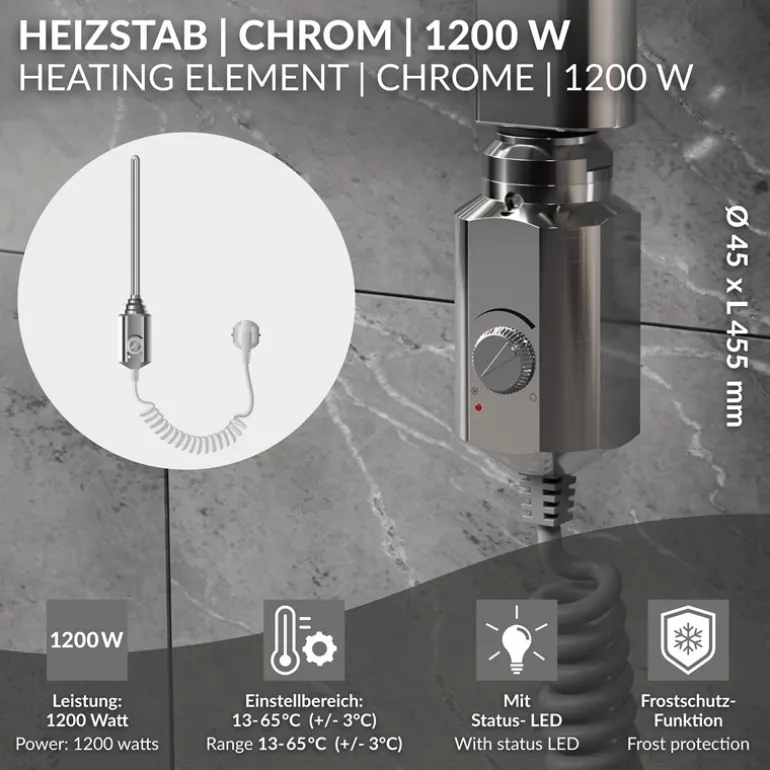 Heizstab 1200W Chrome mit Thermostat für Badheizkörper LuxeBath