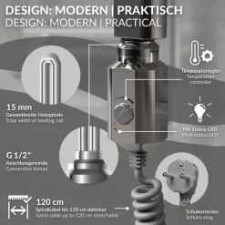 Heizstab 1200W Chrome mit Thermostat für Badheizkörper LuxeBath