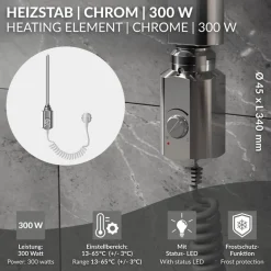 Heizstab 300W Chrome mit Thermostat für Badheizkörper LuxeBath