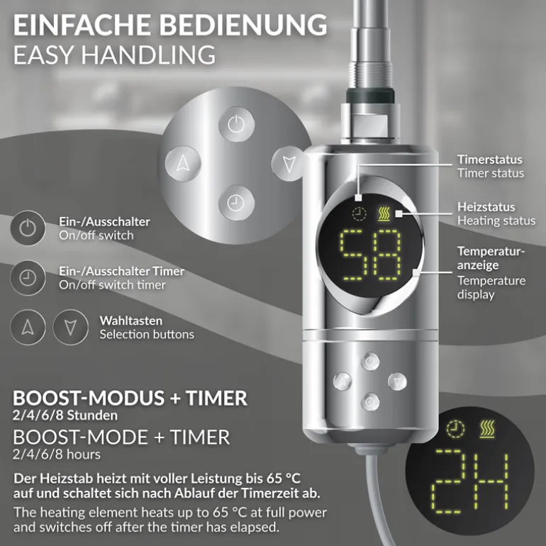 Heizstab 600W Chrome mit Thermostat und LCD Bildschirm LuxeBath