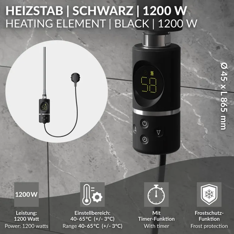 Heizstab 1200W Schwarz mit Thermostat und LCD Bildschirm LuxeBath
