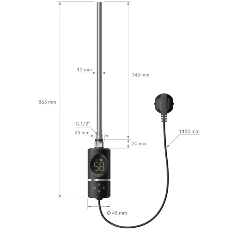 Heizstab 1200W Schwarz mit Thermostat und LCD Bildschirm LuxeBath