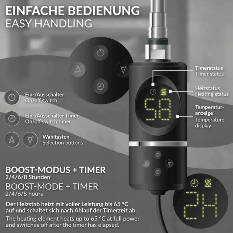 Heizstab 300W Schwarz mit Thermostat und LCD Bildschirm LuxeBath
